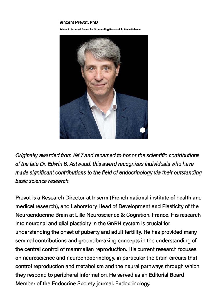 Le « Prix Edwin B. Astwood pour recherche exceptionnelle en sciences fondamentales » de l’Endocrine Society décerné à Vincent Prévot
